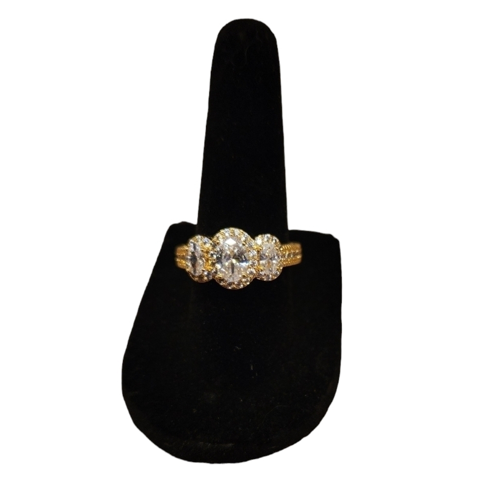 18K Gold Plated 3-Stone Simulated Diamond Halo Ring, 1.65 Ct, NEW - Picture 4 of 6